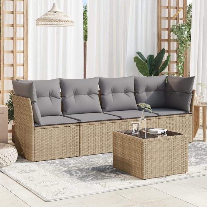 vidaXL - 5-delige - Loungeset - met - kussens - poly - rattan - beige