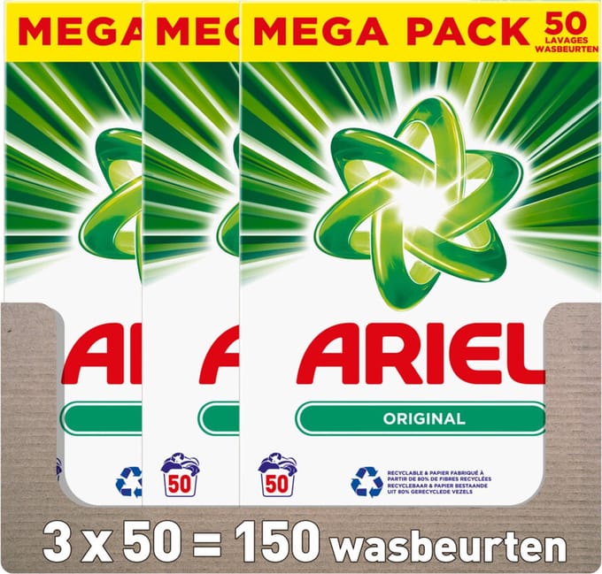 3x Ariel Waspoeder Original 50 Wasbeurten 3 kg