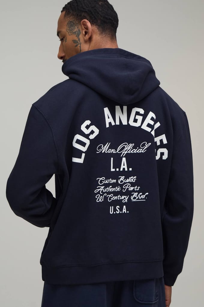 Gewassen Navy Oversized Hoodie Met Los Angeles Print | Washed Navy | Size Medium