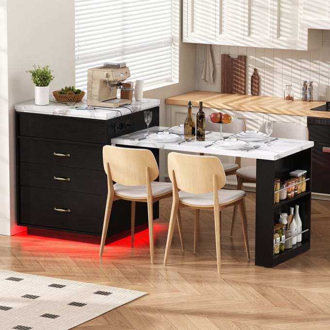 Sweiko Uitschuifbare Eettafel - Keukeneiland - Dressoir - LED-verlichting - 3 lades - Met stopcontacten - Marmerlook - Zwart + Wit