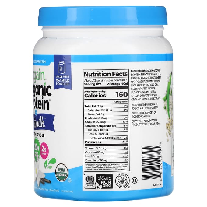 Orgain, poudre de protéines bio, avec flocons d'avoine, à base de plantes, gousse de vanille, 1,05 lb (479 g)