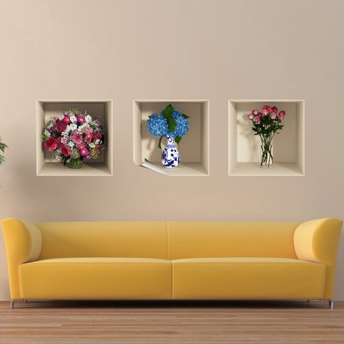 Sticker met 3D-effect, met roze en blauwe bloemen, 30 x 90 cm