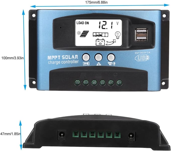 Solar Laadregelaar - MPPT Controller - Energie Beheer - Automatische Batterij Selectie - 10x10x10 cm - Standaard