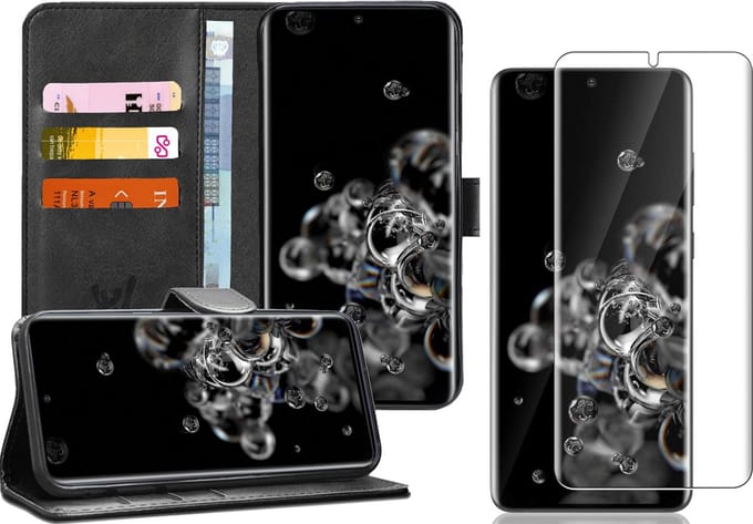 Hoesje geschikt voor Samsung Galaxy S20 Ultra - Screen Protector FlexGuard - Book Case Kunstleer Pasjeshouder Zwart & Screenprotector