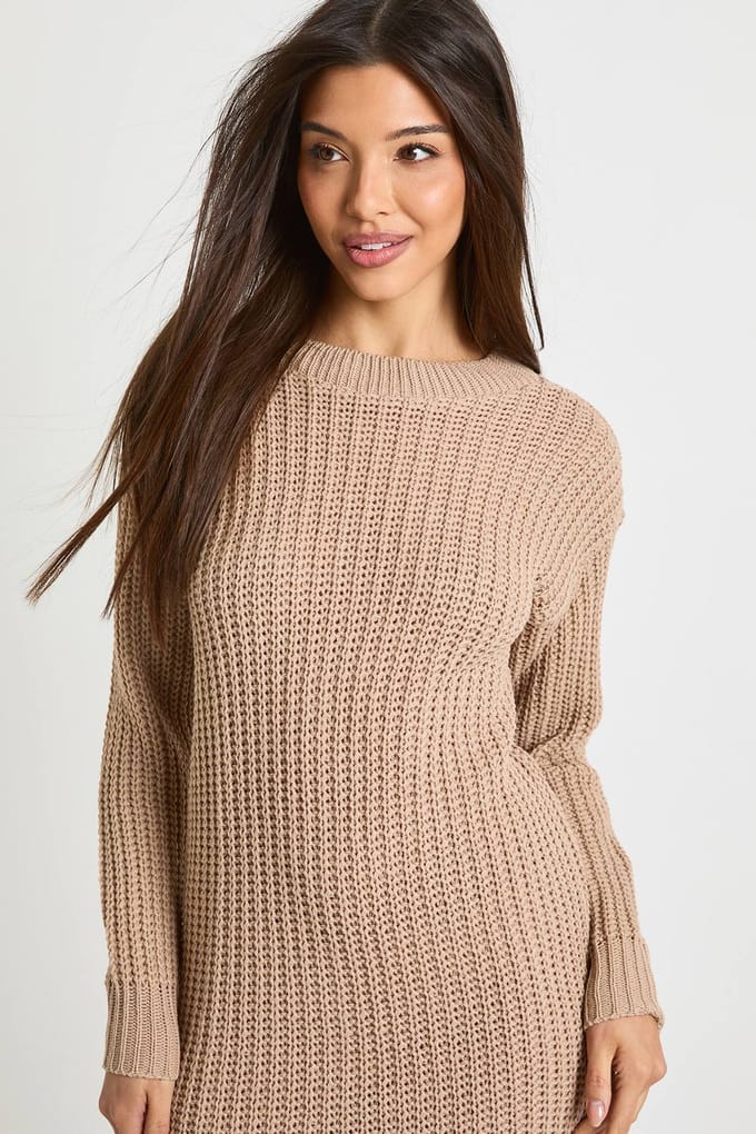 boohoo Dames Crew Neck Jumper Dress | Tan | Maat: Small/Medium