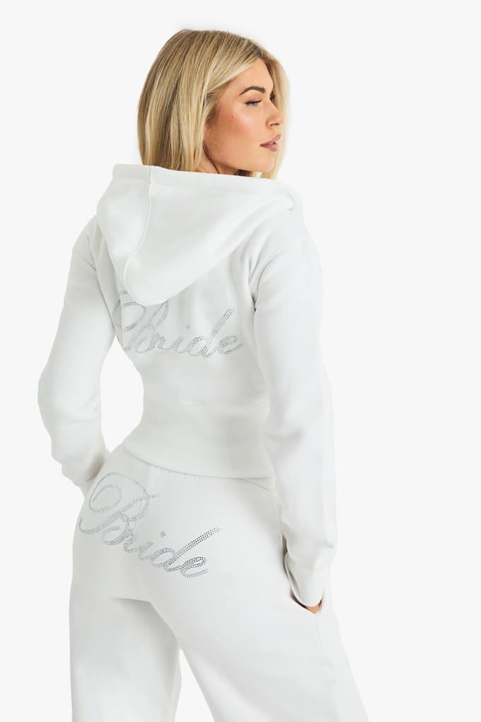boohoo Dames Bruids 'Bride' Diamante Slogan Cropped Hoodie | Wit | Maat: Medium