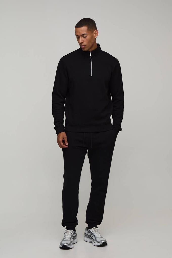 Regular 1/4 Rits Funnel Sweatshirt En Slim Leg Joggingbroek | Black | Size XS