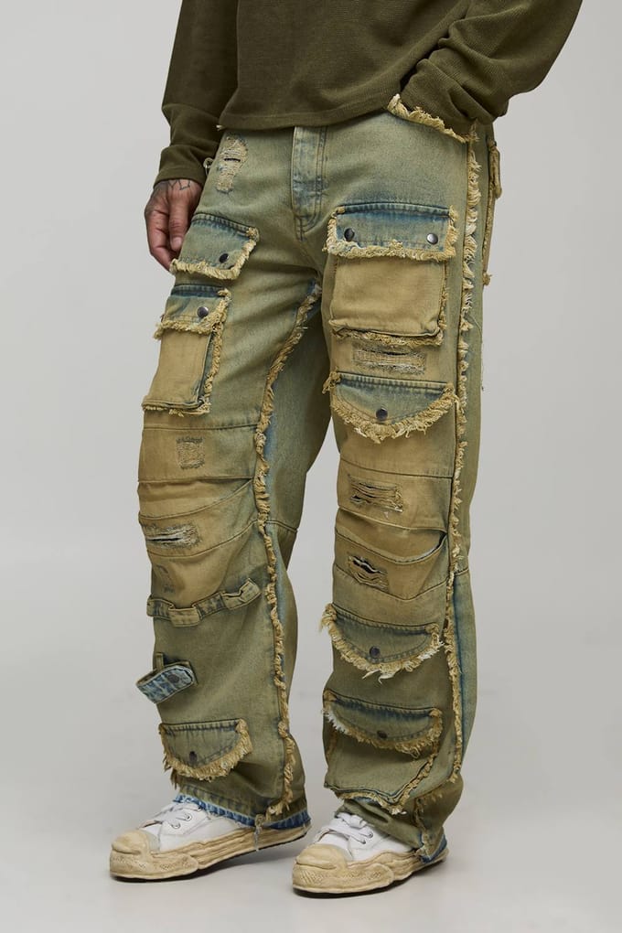 Tall Relaxed Distressed Washed Cargo Jeans | Antique Wash | Size 36