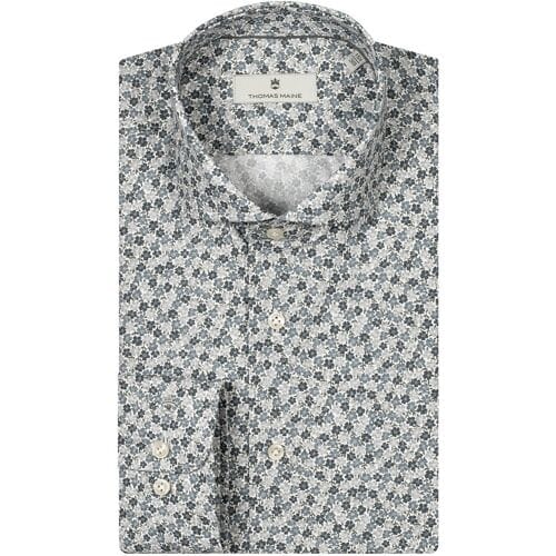 Thomas Maine Overhemd Allover Small Flower Pattern Roma Modern Kent Blauw-Grijs-Wit / male