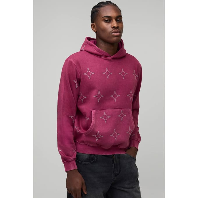 Boxy Washed All Over Rhinestone Hoodie | Pink | Size Medium