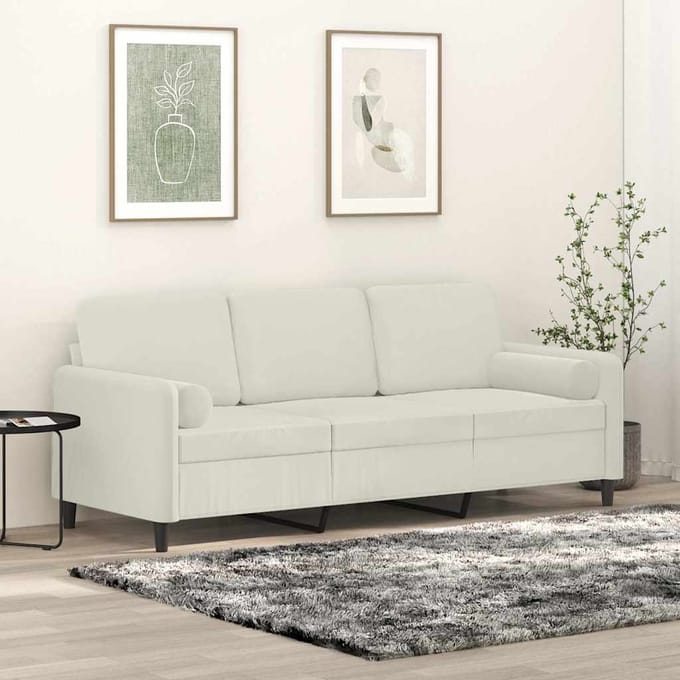 vidaXL - Driezitsbank - met - sierkussens - 180 - cm - fluweel - crèmekleurig