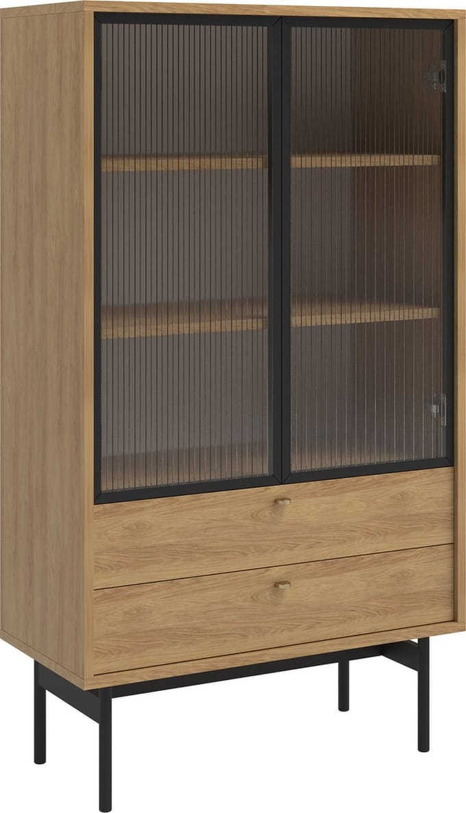Selsey - OLAR - Lage vitrine met drie planken en twee lades - 85 cm - Natuurlijke hickory