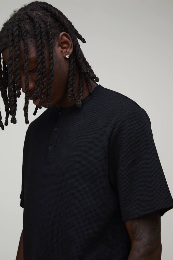 Regular Fit Waffle Henley T-Shirt | Black | Size 2XL