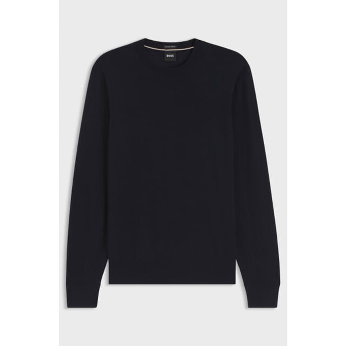 BOSS Leno slim fit trui wol - heren pullover middeldik O-hals - donkerblauw
