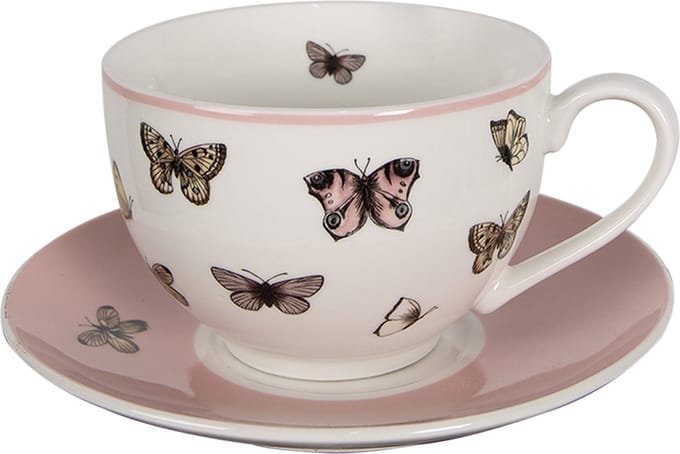 Clayre & Eef Kop en Schotel 200 ml Wit Roze Porselein Vlinders