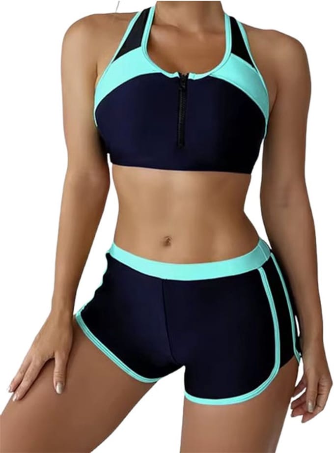 Tankini bikini set met short - Hoge taille - Sportieve badkleding - Top en broek - Rits
