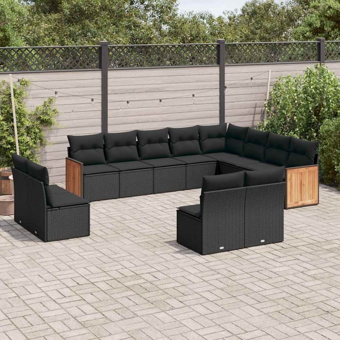 vidaXL - 12-delige - Loungeset - met - kussens - poly - rattan - zwart