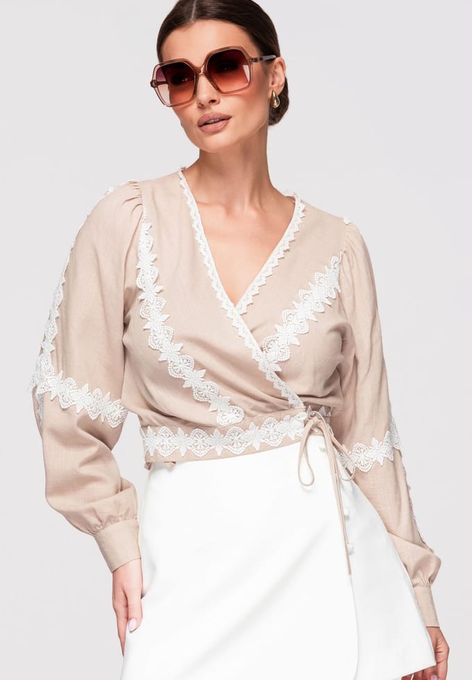 OMBRE Blouse - Slim Fit - Viscose - Lange Mouw Beige M