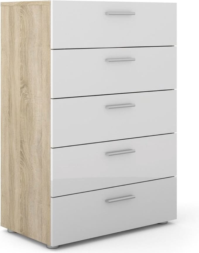 Petra kommode 5 lades eiken decor en wit hoogglans.