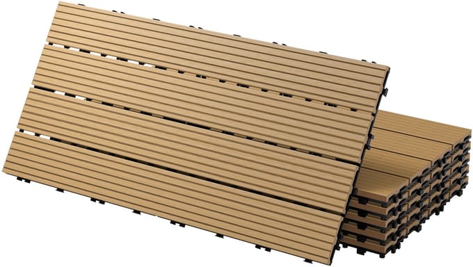 ECD Germany WPC Terrastegels Teak 60x30 cm 6 stuks = 1m² Geribbeld Houtlook Vloertegels Met Kliksysteem En Drainage Vlondertegels Balkontegels Kliktegels Voor Tuin Terras Balkon
