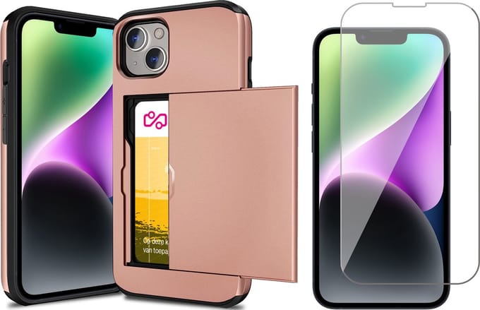 Hoesje met Pasjeshouder geschikt voor iPhone 14 Plus - Screen Protector GlassGuard - Back Cover SlideCase Roségoud & Screenprotector