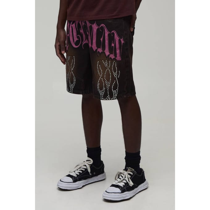 Relaxed Rigid Rhinestone Carpenter Shorts | Brown | Size 48