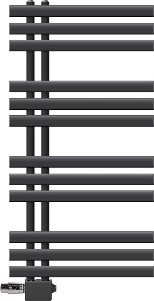 LuxeBath badkamer radiator IJzer EM 500x1000mm Antraciet Centreeraansluiting Aansluitset Thermostaat Universeel Hoek- en rechte doorvoer, design radiator Handdoekwarmer Handdoekdroger Handdoekradiator