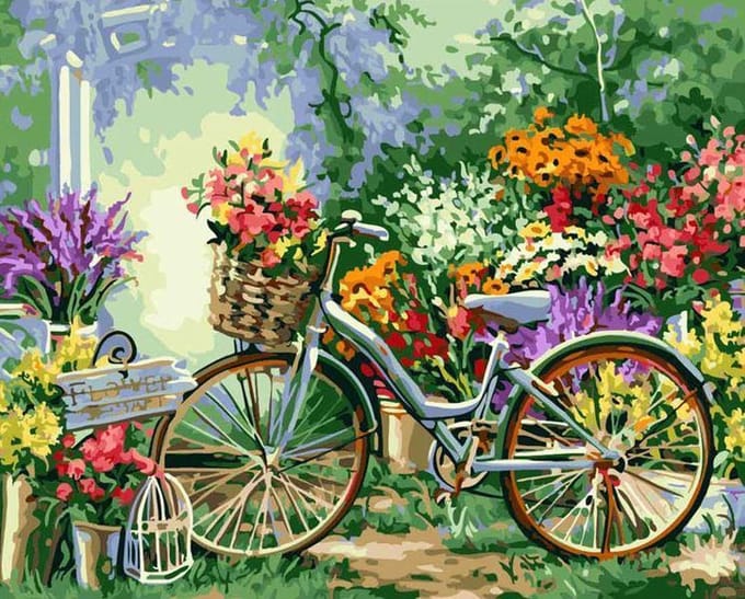 Paint By Numbers Fiets in Bloementuin - Schilderen op Nummer - 50x40cm - Volwassenen - Stipco