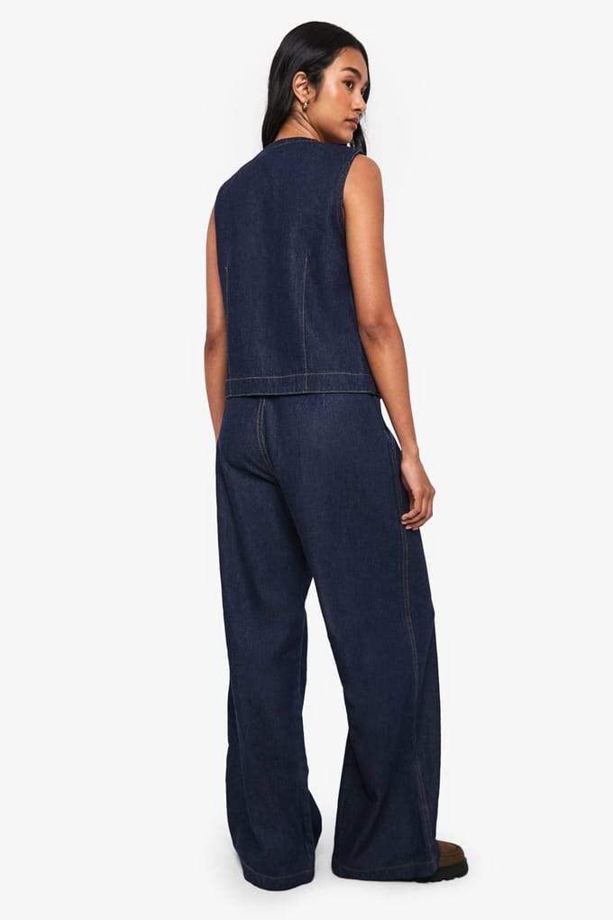 boohoo Dames Denim Wide Leg Pleated Jeans | Indigo | Maat: 14