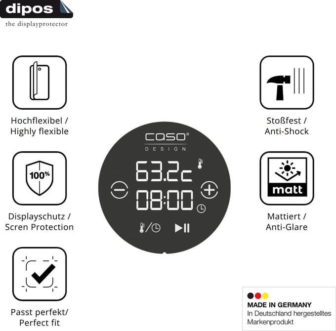 dipos FLEX – 2x Matte Screenprotector geschikt voor Caso Sous Vide Stick 1310 | Volledige Schermbescherming | Case-Friendly