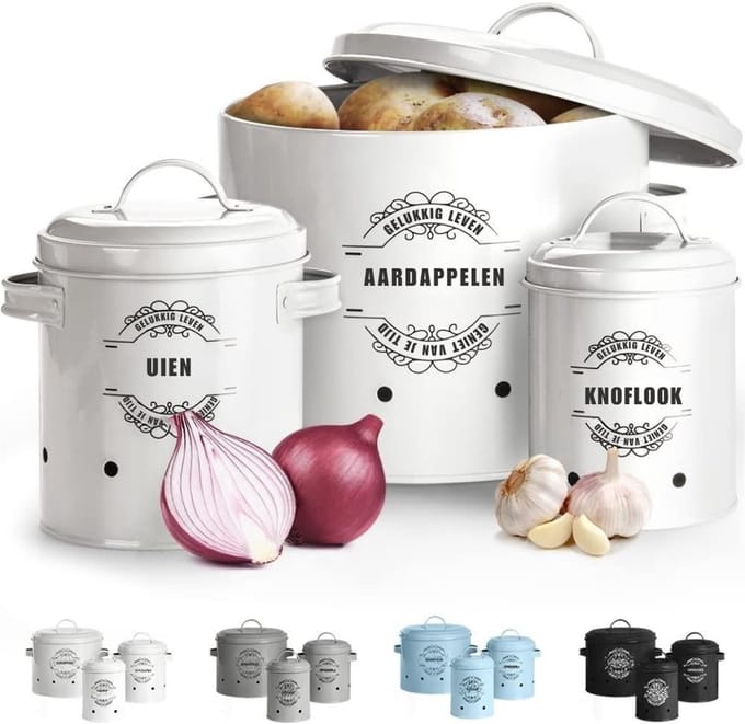 Thuys – Aardappelbak – Aardappelpot – Bewaardoos – Set Van 3 – Met Ventilatiegaten – 22 x 22 x 18cm – Wit