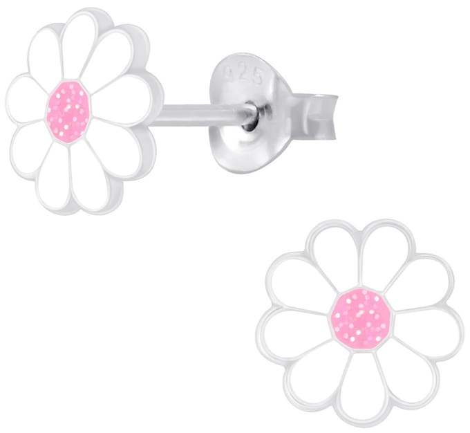 Joy|S - Zilveren madelief bloem oorbellen - 7 mm - wit met glitter roze