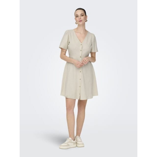 Only beige dames jurk   V-hals   Regular fit   Structuur patroon   Knoopsluiting   Duurzaam   Korte mouw Beige L