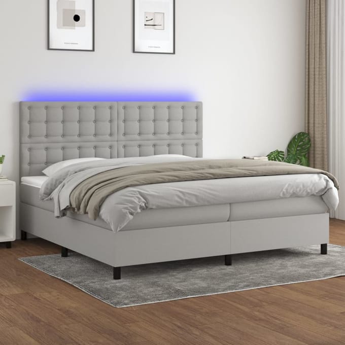 vidaXL - Boxspring - met - matras - en - LED - stof - lichtgrijs - 200x200 - cm