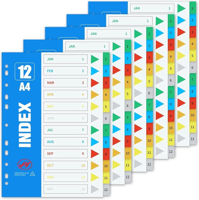 Kleurige A4 Tabs voor Organisatie, 12 Stuks, Multifunctionele Folder Tabs voor School, Thuis en Kantoor