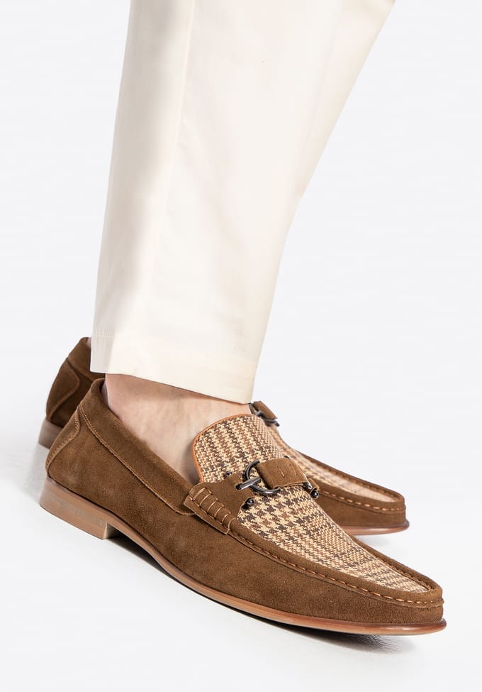 Wittchen Heren mocassins van bruin en beige geruit suède leer