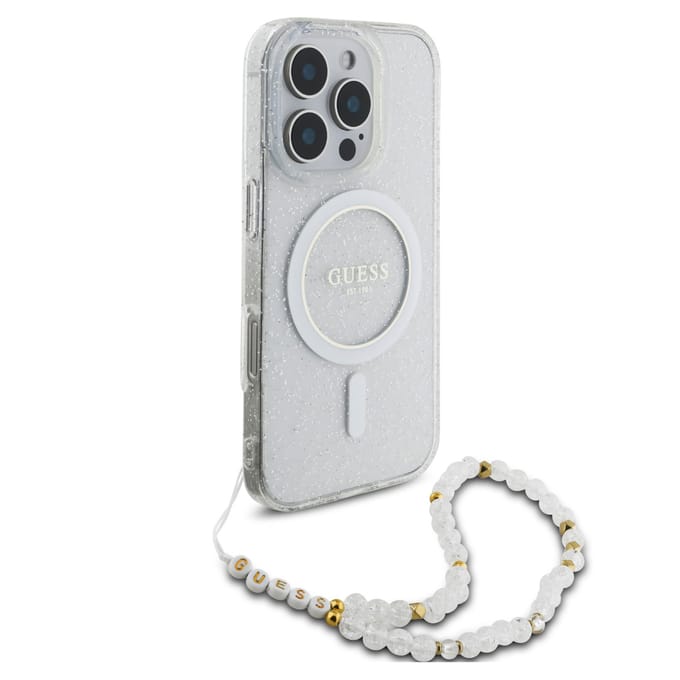 Guess MagSafe IML Glitter Case met beads strap voor de Apple iPhone 16 Pro Max - Transparent