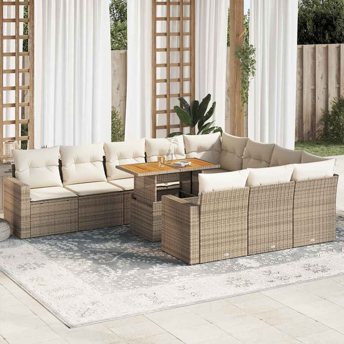 vidaXL - 11-delige - Tuinset - met - kussens - poly - rattan - beige
