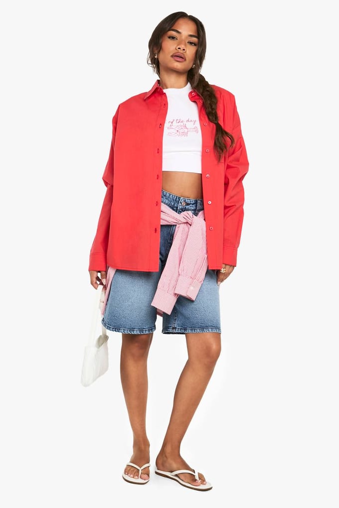 boohoo Dames Cotton Poplin Oversized Shirt | Red | Maat: 6