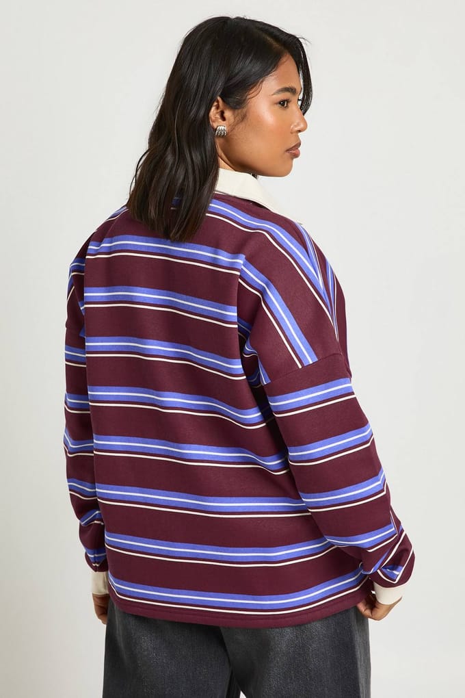 boohoo Dames Plus Soho NY Gestreept Rugby Sweatshirt | Bordeaux Rood | Maat: 50