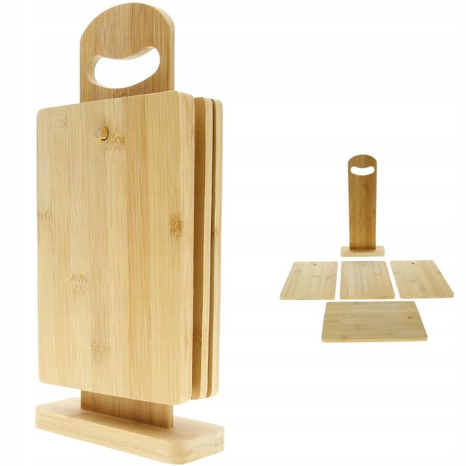 Planches à Découper Set de 4 Planches de Cuisine en Bambou + Support en Bois