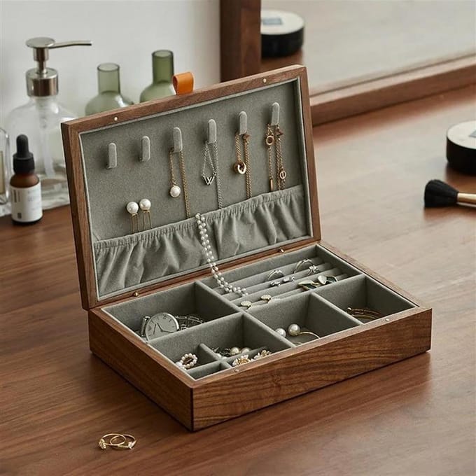 Juwelendoos Hout - Opbergdoos Sieraden - Sieraden Opbergen - Walnootfineer - Groot Formaat - Bruin