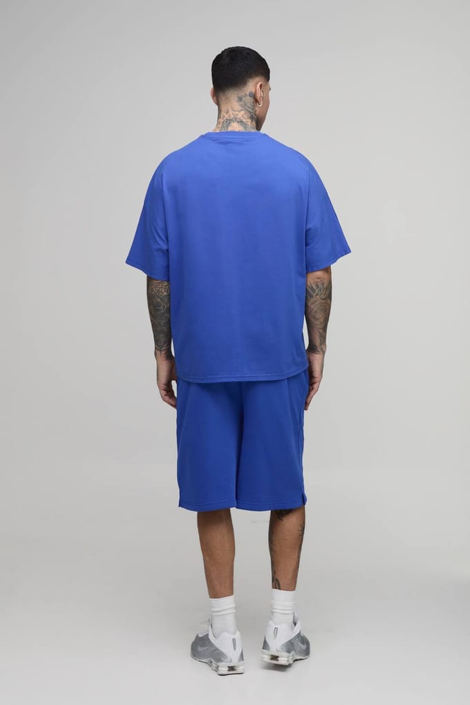 Tall Oversized Panelled Men's Geborduurd T-shirt En Short Set | Cobalt | Size Medium