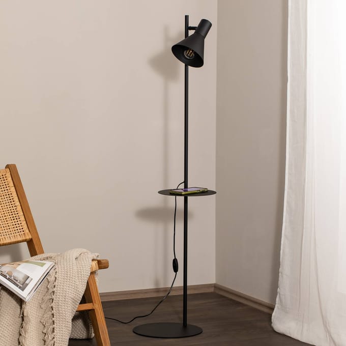 TK Lighting Vloerlamp Jump, zwart, verstelbaar, plank