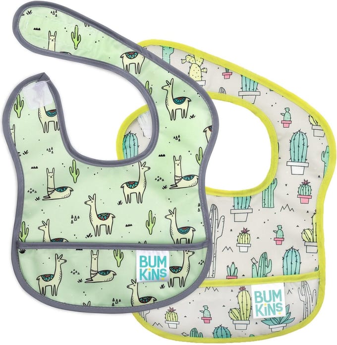 Bumkins Starter Bib - Waterdichte Slabbetjes voor Baby - Set van 2 - Kleine Eetslab voor Eerste Hapjes - Met Klittenband - Knoeislab - Machinewasbaar - Cacti & Llamas - Cactussen en Lama's - Grijs Mint - 3-9 maanden