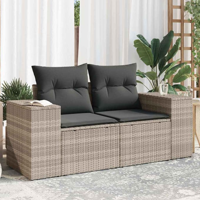 vidaXL - Tuinbank - 2-zits - met - kussens - poly - rattan - lichtgrijs