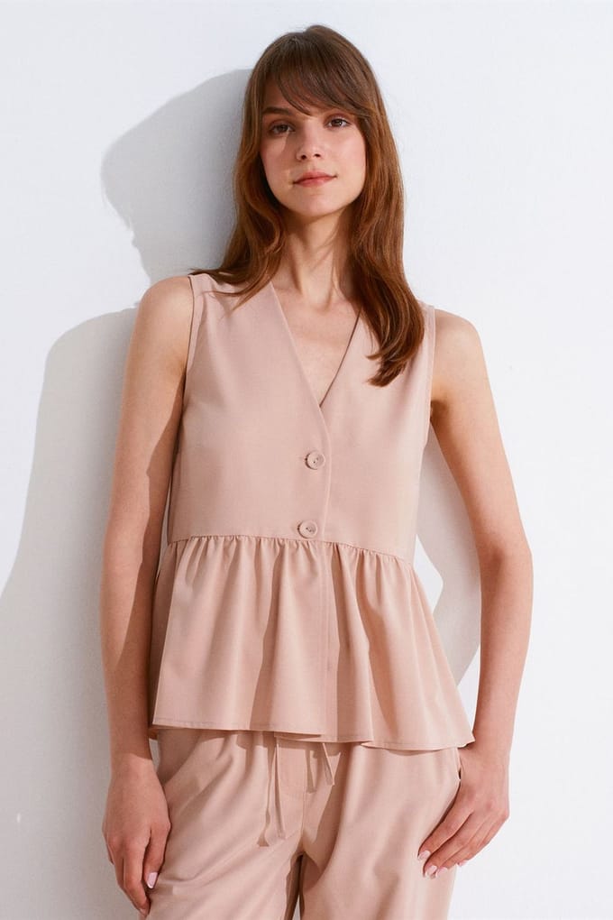 Mouwloze Crepe V-hals Knop Blouse
