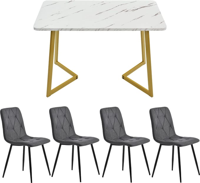 Modern Eetkamertafel Set - Witte Marmer Look Tafel (117x68 cm) met 4 Stoelen - Donkergrijs Linnen