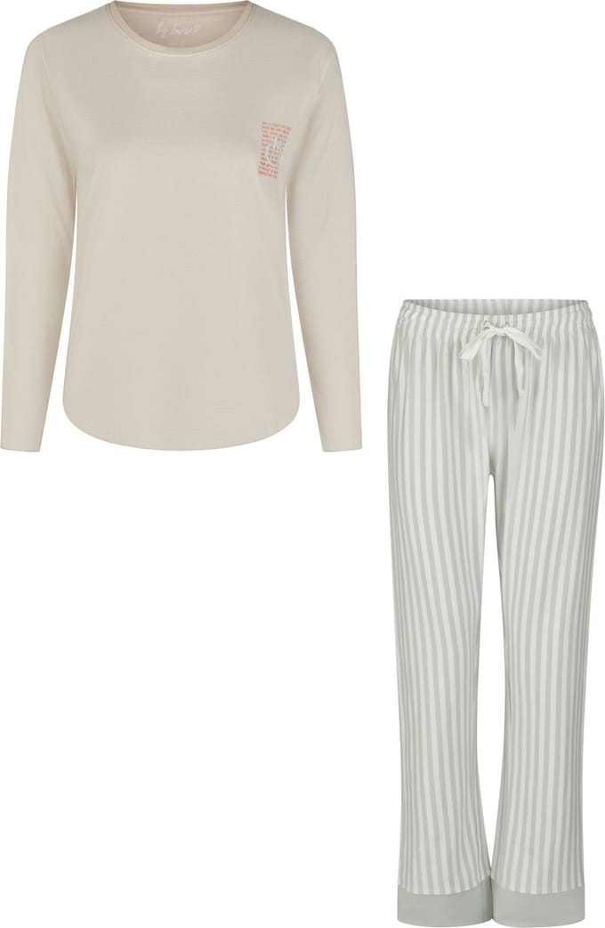 By Louise Dames Pyjama Set Lang Katoen Beige/Mintgroen Gestreept - Maat XXL