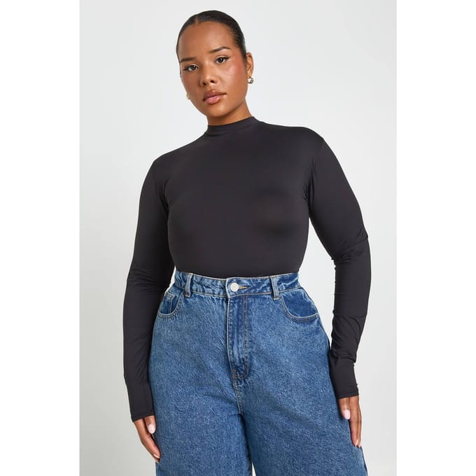 boohoo Dames Plus Second Skin Ronde Hals Lange Mouw Bodysuit | Zwart | Maat: 44
